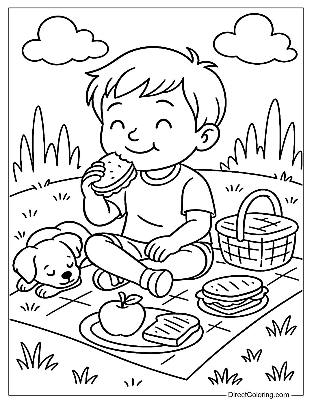 Coloring page of a boy sitting and eating cookies next to a little dog lying on the grass.
